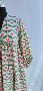 Bohemian Floral Block Print Cotton Midi <b>Dress</b> With Puff Sleeve <b>Loose</b> Fit Tie Neck Summer <b>Dress</b> For Women - Product Image 3