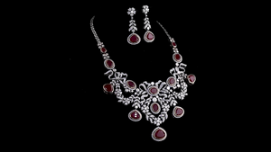 Luxury Lab Grown Pear & Round Brilliant Cut Sterling <b>Silver</b> <b>Necklace</b> Earring <b>Set</b> with Lab Ruby| Wedding Party Statement Jewelry - Product Image 2