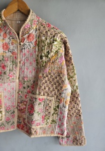 Floral Quilted <b>Jacket</b> Women's <b>Mandarin</b> <b>Collar</b> Full Sleeve Cotton Patch Pocket Autumn Style XL gift for her - Product Image 5