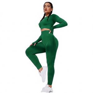 Ensemble de yoga noir uni pour femmes, leggings taille haute longueur complète, haut court à manches longues, tenue de fitness extensible - Product Image 6