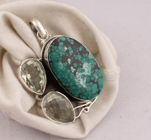 Pendentif en turquoise tibétaine naturelle serti de pierres, en argent sterling 925, vente en gros, pierre précieuse authentique en turquoise matricielle, 18 pouces - Product Image 2