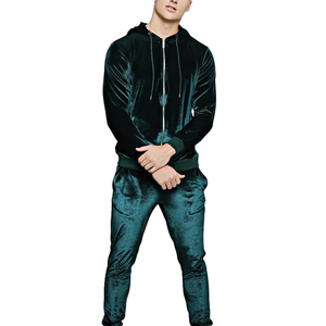 Men's Dark Green Velvet <b>Hooded</b> Full <b>Zip</b> Tracksuit With Side Pockets Casual Autumn Wear - Product Image 1