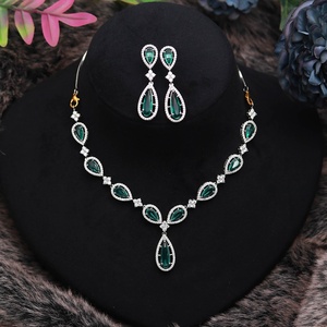 Premium Colombian Emerald Necklace Set Pear Shape Lab Grown 22K Gold Plated Brass Adjustable Bridal Jewelry for Women - Product Image 1