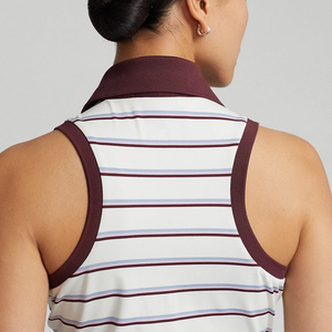 Vêtements de sport pour femmes de haute qualité, motif lignes verticales bordeaux et bleues, coupe ajustée, sans manches, en Spandex/Nylon. - Product Image 6