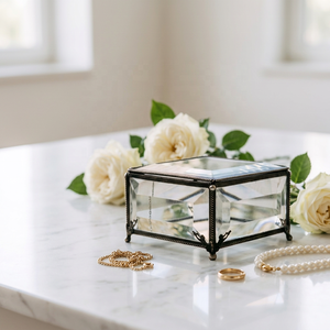 Boîte de rangement pour bijoux en verre biseauté avec cadre en métal noir pour la décoration de la maison - Product Image 1
