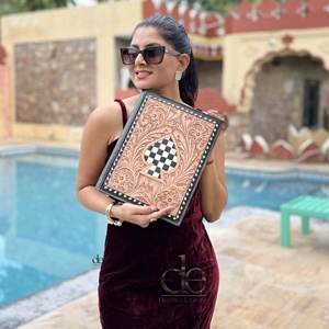 Large Capacity Hand Tooled Leather Portfolio <b>Folder</b> Case File Personalized Diamond Business Planner Portfolio Notebook Organizer - Product Image 1