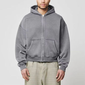 Sweat-shirt gris zippé pour homme, 100 % coton, coupe oversize, écologique, couleur unie, avec poche kangourou, manches longues – Meilleure vente - Product Image 6