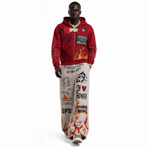 Survêtement streetwear de qualité export, à capuche, manches longues, imprimé, avec ourlet fendu, coupe ample, pantalon évasé, fermeture à cordon, pour l'automne - Product Image 2