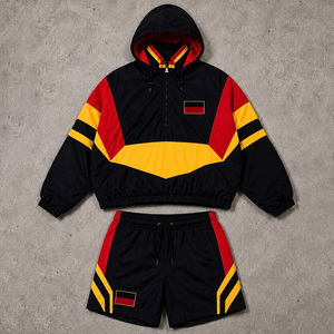 Ensemble de survêtement unisexe respirant et léger, color-block, à manches longues, avec capuche et short à cordon, style sportif streetwear décontracté pour l'été - Product Image 1