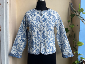 Chaqueta de pana con estampado indio a mano para mujer, acolchada con relleno de algodón, nuevo estilo, abrigo con estampado de flores azul cielo, a precio de fábrica. - Product Image 2