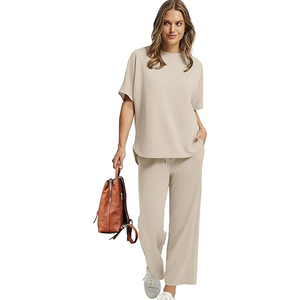 Ladies Two Piece Outfit Casual Short Sleeve Top <b>Elastic</b> Waist Pants Loose Fit Lounge Set Wholesale - Product Image 2