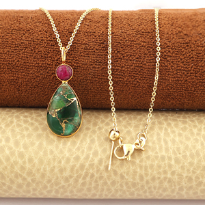 Trendy <b>ruby</b> & emerald copper turquoise pendant 18k gold plated cable chain gemstone <b>necklace</b> wholesale handmade dainty jewelry - Product Image 6