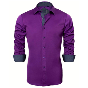 เสื้อเชิ้ตผู้ชายทรงเข้ารูป สีม่วง แขนยาว ปกคอปก ผ้าป๊อปลิน สีพื้น สไตล์สมาร์ทแคชชวล แขนยาวเต็มตัว เหมาะสำหรับใส่ในฤดูใบไม้ร่วง - Product Image 1