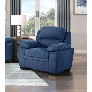 Moderna Poltrona da Soggiorno in Tessuto Blu Texturizzato con Seduta Imbottita e Trapuntatura a Canali, Struttura in Legno Massello - Product Image 2