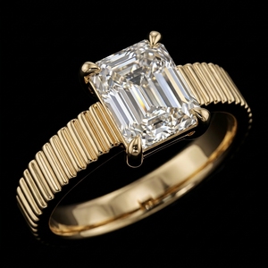 Anillo de Compromiso Solitario con Corte Esmeralda de 2 Quilates, Banda Acanalada, Oro Amarillo de 10K, Diamante Cultivado en Laboratorio, Certificado IGI, Color Blanco D, E - Product Image 2