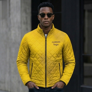 Men's Yellow Quilted <b>Jacket</b> Stand Collar Zipper Closure Casual Autumn Wear Windproof Polyester Wadding Slim Fit - Product Image 1