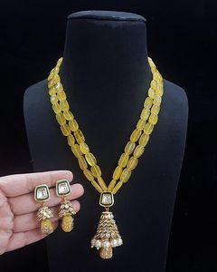 Ensemble collier ras-de-cou en pierres naturelles plaqué or avec pendentif et boucles d'oreilles en zircon cubique pour femme, style ethnique pour mariage - Product Image 2