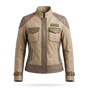 Colorblock Womens <b>Real</b> Sheepskin <b>Leather</b> <b>Jacket</b> Cargo Pocket Vintage Utility Safari Moto Rider Coat Beige Tan Brown - Product Image 1