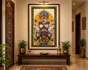 Obra de arte tradicional Pattachitra del Dios Jagannath y su Avatar Narasimha - Origen Orissa, para colgar en la sala de estar en ocasiones de Diwali. - Product Image 2