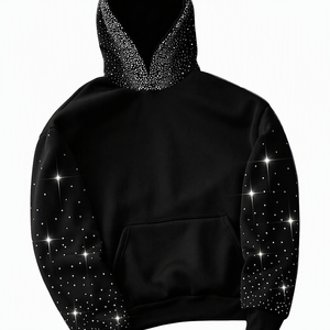 Sudadera con Capucha Negra para Hombre, con Adornos de Pedrería en las Mangas y Capucha, Corte Regular, Estilo Casual de Invierno, Tejido de Felpa, Manga Larga - Product Image 3