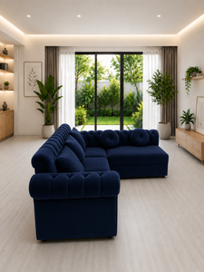 Canapé modulaire Emerald Origin avec ensemble bleu marine boutonné, dossier capitonné écologique, accoudoirs roulés, design contemporain pour salon d'appartement - Product Image 2