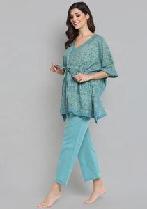 Conjunto de pijama caftán floral verde menta bloque de mano impreso algodón corto hasta el suelo tejido de cintura Natural tejido para veranos calurosos - Product Image 3