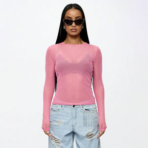 Camiseta de Manga Larga de Malla para Mujer, 100% Algodón, de Primera Calidad, Ajustada, Sexy, de Secado Rápido y Transpirable para Verano - Product Image 1