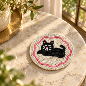 Stylish Glass <b>Beaded</b> Black Cat <b>Coaster</b> for Dining Table | Decorative Round Drink Mat for Kitchen Home Decor Tabletop Accessories - Product Image 3