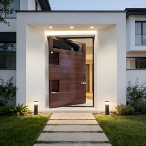 Puerta <span class=keywords><strong>de</strong></span> Entrada Pivotante <span class=keywords><strong>de</strong></span> Madera Sólida <span class=keywords><strong>de</strong></span> Estilo Minimalista, Opción <span class=keywords><strong>de</strong></span> Vidrio Teñido Personalizado, Fachada Moderna - Product Image 1