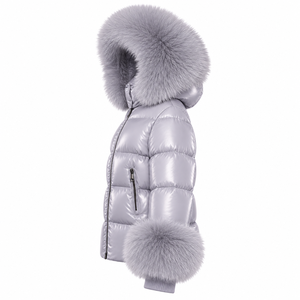 WHOLESALE 2026 New Winter Shiny <b>Silver</b> Grey Real Fox Fur Thick Warm <b>Puffer</b> <b>Jacket</b> with Front Logo Unisex - Product Image 4