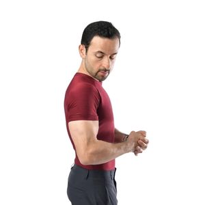 T-shirt ajusté à manches courtes et col rond pour homme, couleur bordeaux, coupe slim, décontracté et sportif, idéal pour l'entraînement et le fitness, vente en gros - Product Image 5