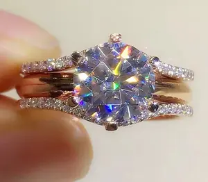 Anillo de Compromiso de Moissanita Real de 2 Quilates, Plata de Ley 925, Chapado en Oro Rosa, Doble Banda, Engaste de Garras, Unisex, Estilo Vintage Nupcial - Product Image 3