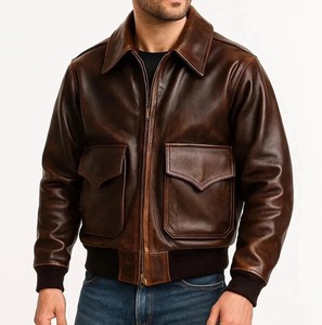 <b>Men's</b> <b>Brown</b> Genuine <b>Leather</b> <b>Jacket</b> Turn-down Collar Zipper Closure Moto Biker Style Autumn Wear - Product Image 1