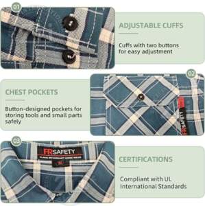 Camisa de Soldador de Franela Azul, Resistente al Fuego, 100% Algodón, Ligera, Manga Larga, Nivel FR, NFPA2112/CAT2 2024 - Product Image 3