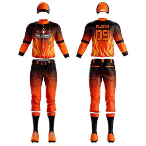 Uniforme de béisbol sublimado de alta calidad en color naranja con el número y el nombre del logotipo del equipo, hecho con poliéster transpirable de secado rápido. - Product Image 1