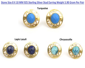 Classic Gold <b>Stud</b> <b>Earrings</b> With Lapis Lazuli Bezel Setting For Women Everyday Wear - Product Image 6