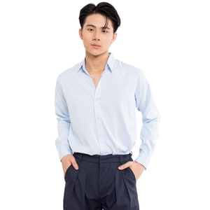 เสื้อเชิ้ตผู้ชายสีน้ำเงินลายทาง แขนยาว ปกคอปก สมาร์ทแคชชวล ผ้าฝ้ายป๊อปลิน 100% กันยับ ใส่ได้ในฤดูใบไม้ผลิ - Product Image 2