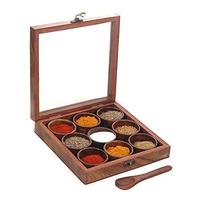 Boîte à épices en bois marron avec couvercle transparent, mini-cuillère ronde, 9 compartiments amovibles, taille personnalisable, manuel