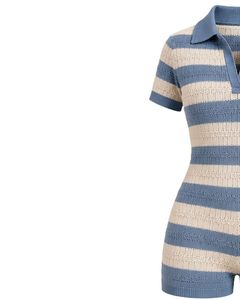 <b>Stone</b> Blue And Ivory Striped Knit Romper Women Short Sleeve Polo Collar Summer Casual One Piece Playsuit Slim Fit Custom Design - Product Image 2