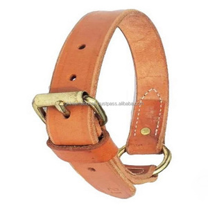 Collar de perro de cuero con acabado tostado Premium de doble grosor en todos los tamaños y diseños personalizados con hebilla y anillo de rodillo Chapado en latón - Product Image 1