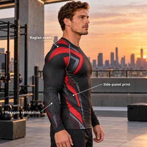 Custom Men's Black Red Graphic <b>Long</b> <b>Sleeve</b> <b>Compression</b> <b>Shirt</b> Crew Neck Fitted Gym Training Rash Guard Athletic Sports Base Layer - Product Image 4