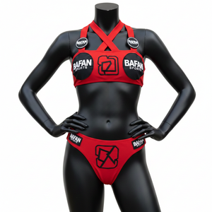 ชุดบิกินี่ผ้าโพลีเอสเตอร์ผสมสแปนเด็กซ์สุดหรู สีแดงดำ เนื้อผ้านุ่มยืดหยุ่น พร้อมแผ่นโลโก้ปัก และโลโก้แบบรีดร้อน สำหรับผู้หญิง - Product Image 1