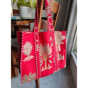 Bolso Tote Floral Acolchado de Algodón 100% Indio Red Palm para Mujer, Bolso de Hombro de Algodón Hecho a Mano, Bolso Acolchado Estampado, Bolso Tote con Cremallera - Product Image 4