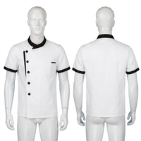 Unisex Kochuniform 220 GSM Gewebte Poly-Baumwolle Beige Kurzarm Stehkragen Tunika Siebdruck Bestickt Maßgeschneidert