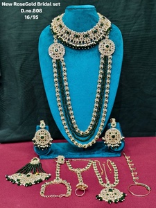Traditional Heavy Rose Gold Bridal <b>Accessories</b> Set Red Crystal Choker Long Haram Necklace Set with Gemstone Drops - Product Image 1