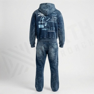 New Winter Oversized Vintage Heavy Acid Wash Sweatsuit Men Distressed Embroidery Cut Sew <b>Tracksuit</b> Active Customized Color - Product Image 2