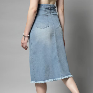 Fashion Vintage Wholesale Casual Straight Jeans Ladies Blue Denim Women's High Waist Slit Hem Rough Style Denim Long Skirt - Product Image 5