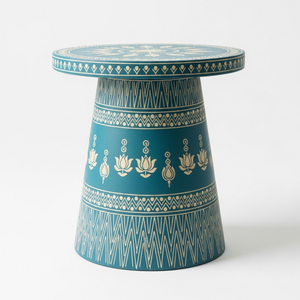 Mesa Auxiliar Redonda de Lujo Azul Turquesa con Incrustaciones de Hueso, Taburete Decorativo Artesanal con Patrón de Loto, Mesa Auxiliar Decorativa de MDF al por Mayor - Product Image 1