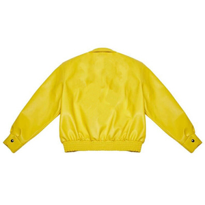 Men's Yellow PU Bomber <b>Jacket</b> Turn-Down Collar Casual <b>Short</b> <b>Sleeve</b> Solid Color Button Closure Autumn Wear - Product Image 2