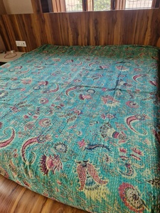 Blue Mukut Print <b>Kantha</b> <b>Quilt</b> Hand Stitched Queen Size Cotton Bedspread Reversible Bohemian Style All-Season Hotel Home Decor - Product Image 2